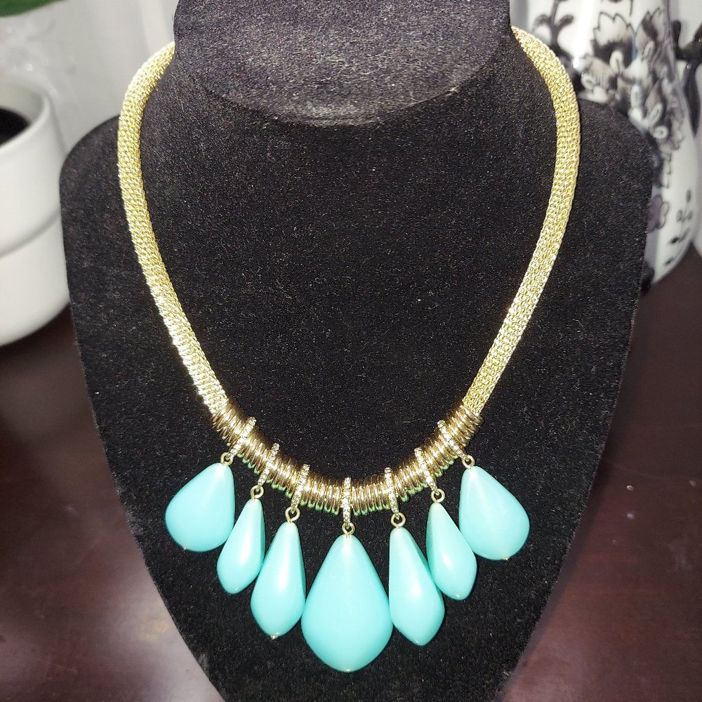 Gold necklace with acrylic teal teardrops